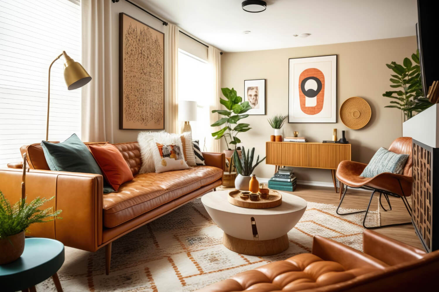 living room mid century style with warm colors ai generative